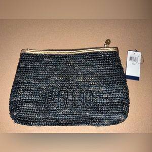polo ralph lauren Clutch Bag Woven Wicker Zipper Closure Black And Gold